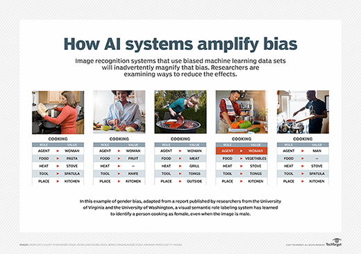How AI systems amplify bias, including use of biased machine learning data sets.